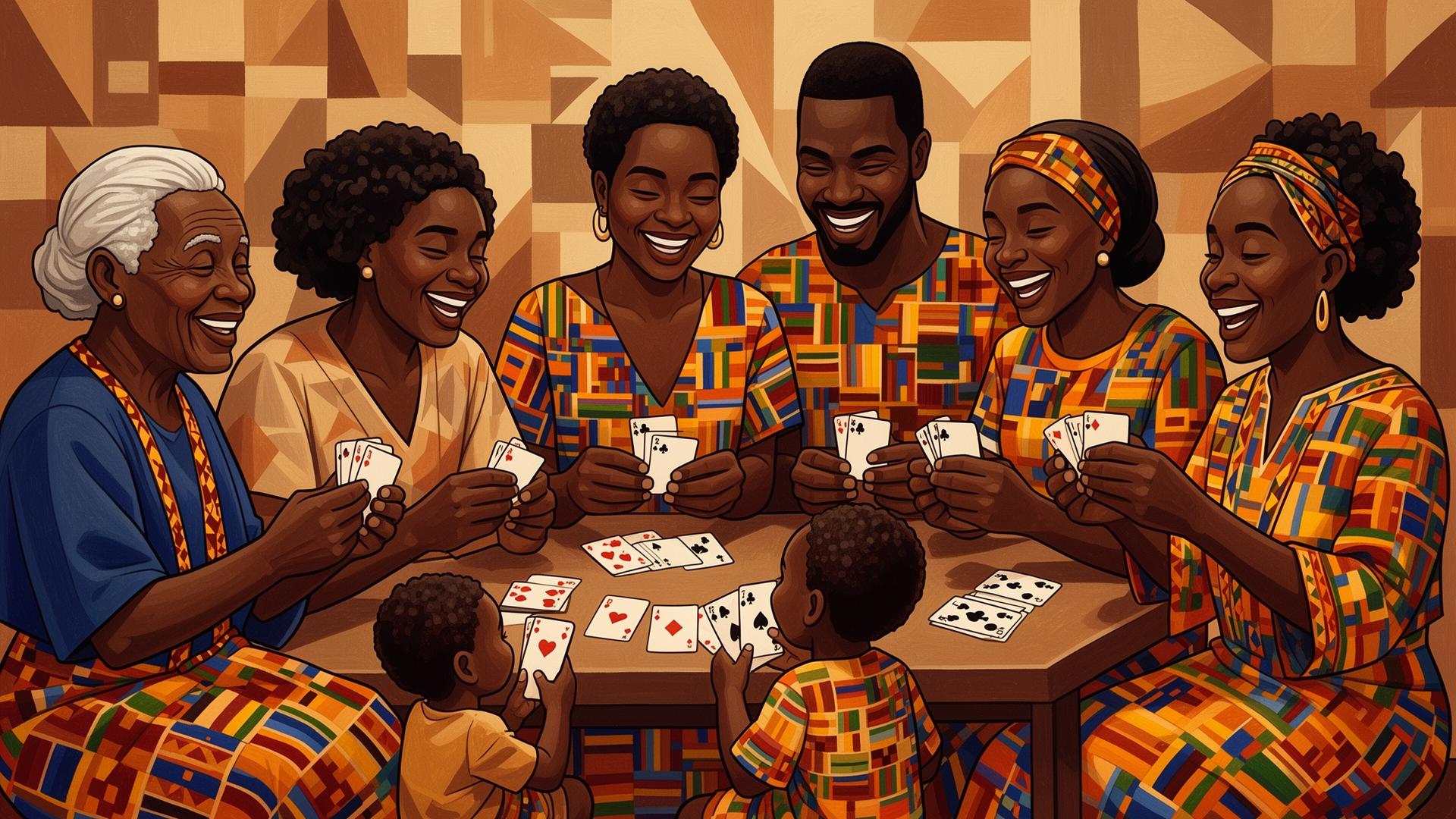 Black figures of multiple ages and genders in colorful kente and mudcloth playing cards together
